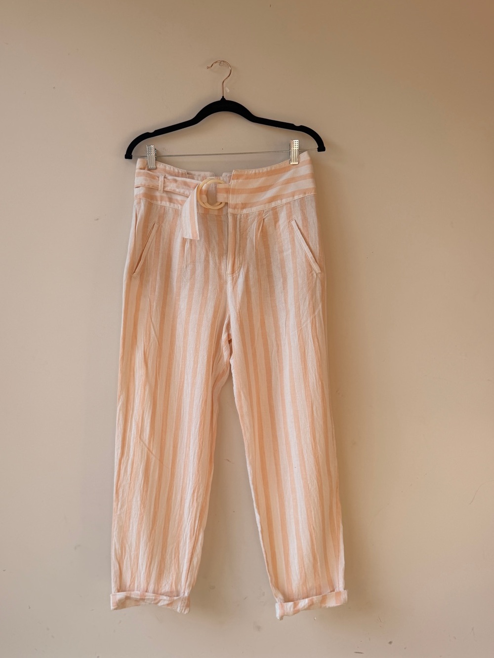 Anthropologie Peach and White Vertical Stripe Linen-Blend Pants